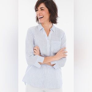 Chico’s Shirt Womens Size 3 No Iron Striped 3/4 Sleeves Pocket 100% Linen Top